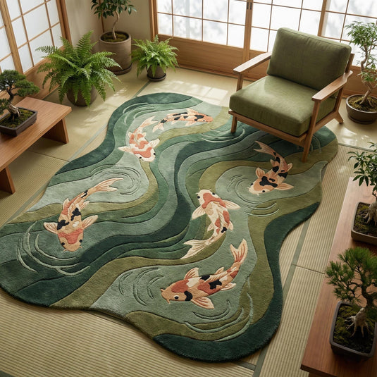 Translation missing: es.Japanese-inspired koi fish rug with sculpted design and soft plush texture for Japandi living room decor