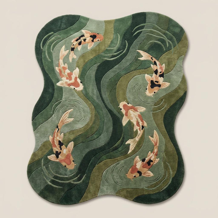 Translation missing: es.Top-down view of organic-shaped koi fish rug displaying flowing water pattern, sculpted contours, and full artistic layout in green Japandi color palette