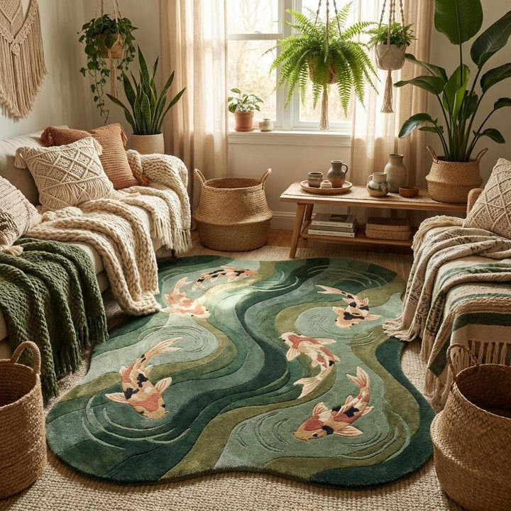 Translation missing: es.Koi fish Japanese rug styled in a minimalist living room highlighting zen décor, organic rug shape, calming colors, and nature-inspired design