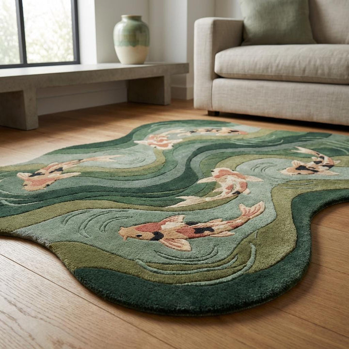 Translation missing: es.Detailed view of koi fish rug edge and carved border showing sculpted finish, thickness, and organic silhouette for size and quality reference