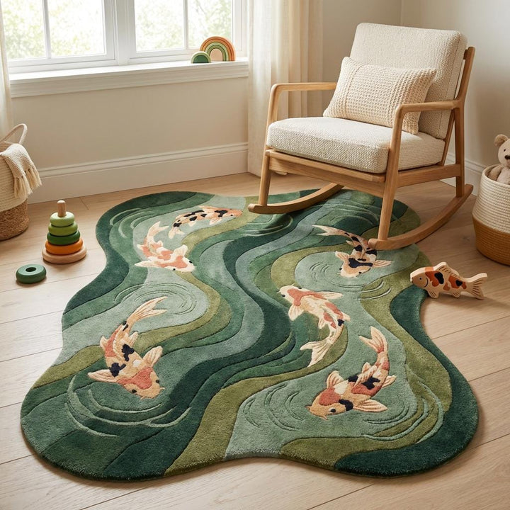 Translation missing: es.Soft koi fish area rug styled in a calm nursery space emphasizing plush texture, gentle colors, and cozy feel suitable for family-friendly interiors