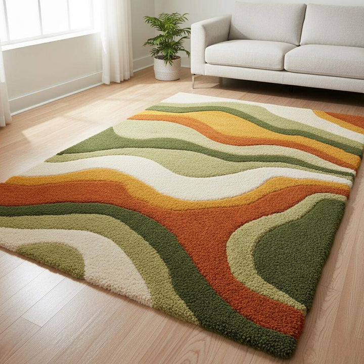 Translation missing: es.Large Wavy Area Rug — Retro Boho Shag Tufted Rug, Mid-Century Modern Living Room Carpet, Orange Green Cream Abstract Accent