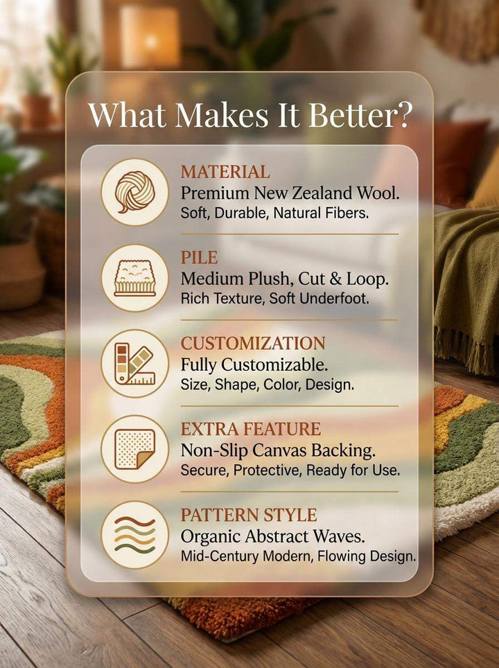 Translation missing: es.Large Wavy Area Rug — Retro Boho Shag Tufted Rug, Mid-Century Modern Living Room Carpet, Orange Green Cream Abstract Accent