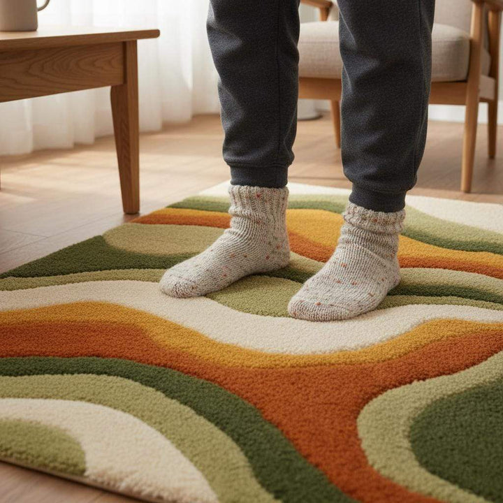 Translation missing: es.Large Wavy Area Rug — Retro Boho Shag Tufted Rug, Mid-Century Modern Living Room Carpet, Orange Green Cream Abstract Accent