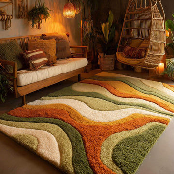 Translation missing: fr.Large wavy area rug with retro orange, green, and cream abstract wave design and plush high-pile shag texture