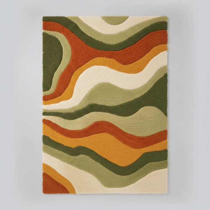 Translation missing: es.Retro style orange and green area rug displayed with rattan chair and cozy cushions — boho decor idea