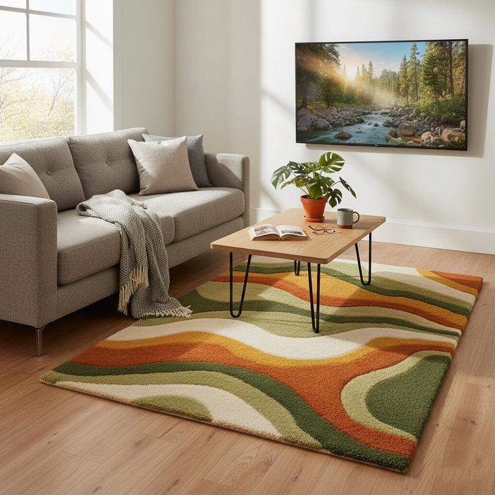 Translation missing: es.Large Wavy Area Rug — Retro Boho Shag Tufted Rug, Mid-Century Modern Living Room Carpet, Orange Green Cream Abstract Accent