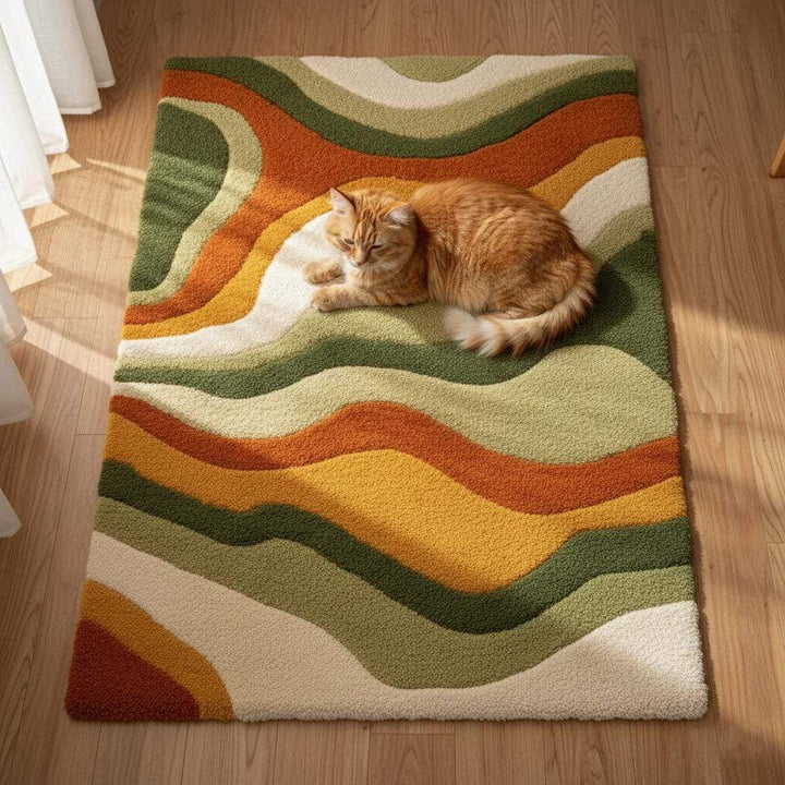 Translation missing: es.High pile shag tufted rug, abstract waves in warm fall colors, shown in staged lounge setting