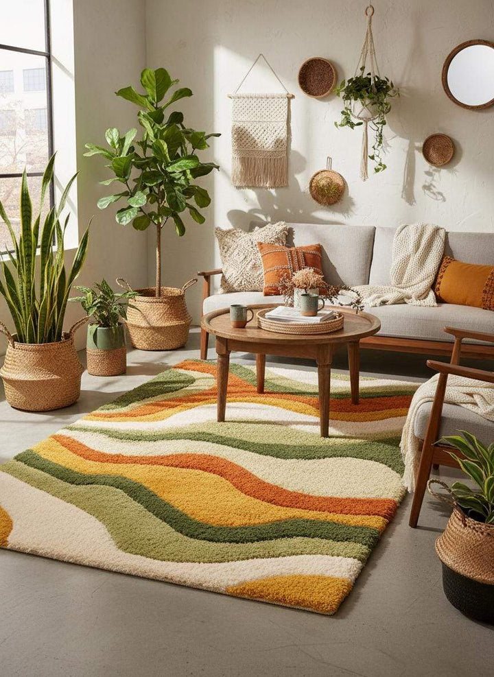 Translation missing: es.Large Wavy Area Rug — Retro Boho Shag Tufted Rug, Mid-Century Modern Living Room Carpet, Orange Green Cream Abstract Accent