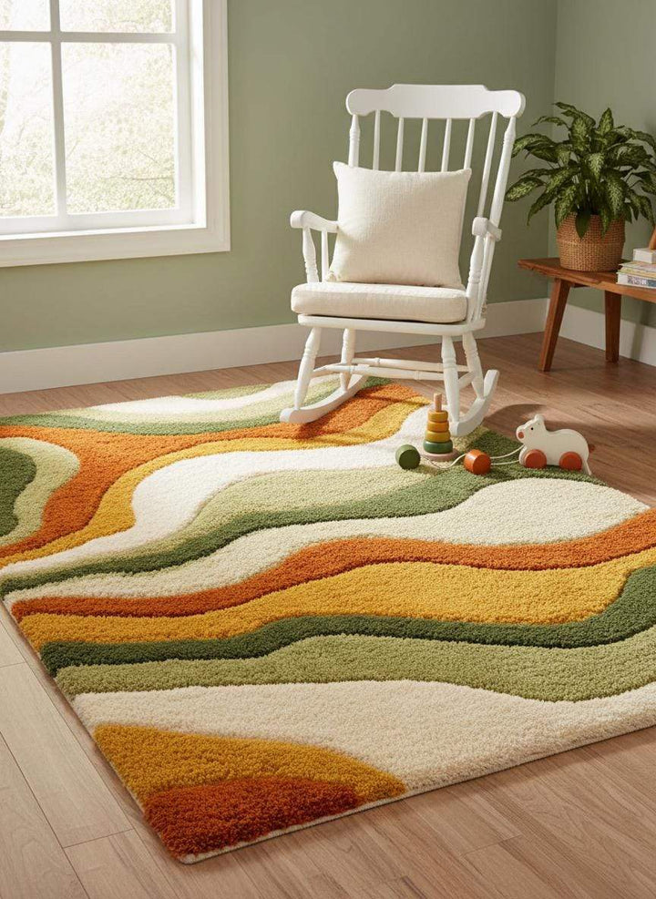 Translation missing: es.Large Wavy Area Rug — Retro Boho Shag Tufted Rug, Mid-Century Modern Living Room Carpet, Orange Green Cream Abstract Accent
