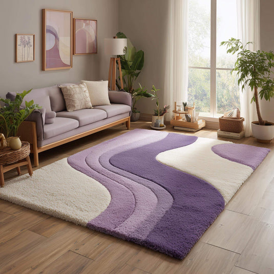 Translation missing: es.Lavender area rug with modern retro curvy stripe pattern, plush tufted surface, and pastel purple tones