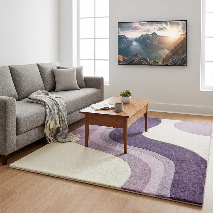 Translation missing: es.Modern lavender area rug with curvy stripe pattern and plush tufted surface