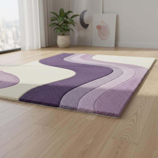 Translation missing: es.Lavender area rug with modern retro curvy stripe pattern in pastel purple and cream, rectangular tufted design for living rooms and bedrooms