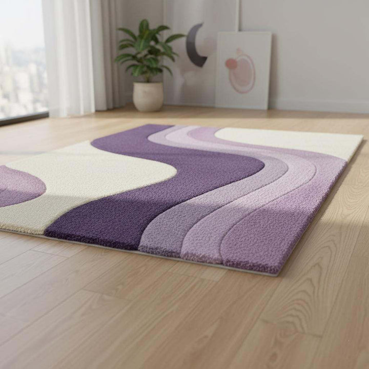 Translation missing: es.Lavender area rug with modern retro curvy stripe pattern in pastel purple and cream, rectangular tufted design for living rooms and bedrooms