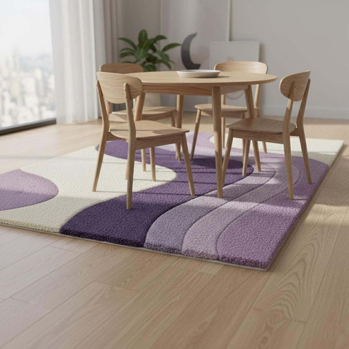 Translation missing: es.Lavender area rug with modern retro curvy stripe pattern and plush tufted surface