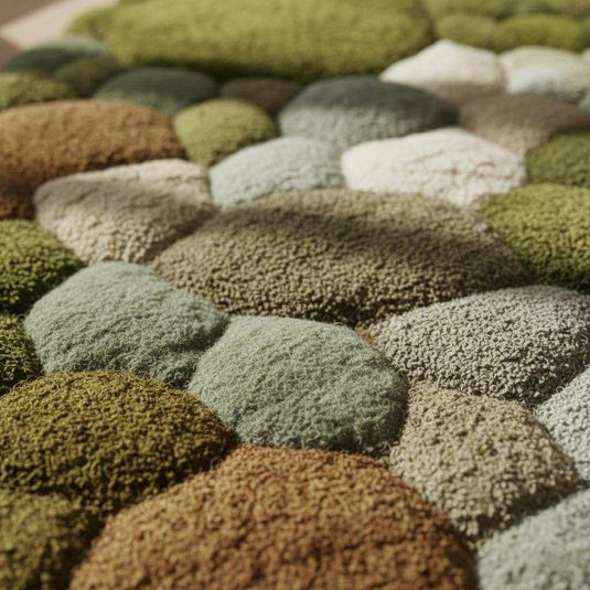 Translation missing: en.Statement green area rug with deep tufting and layered colour palette of sage, olive and cream, handmade quality