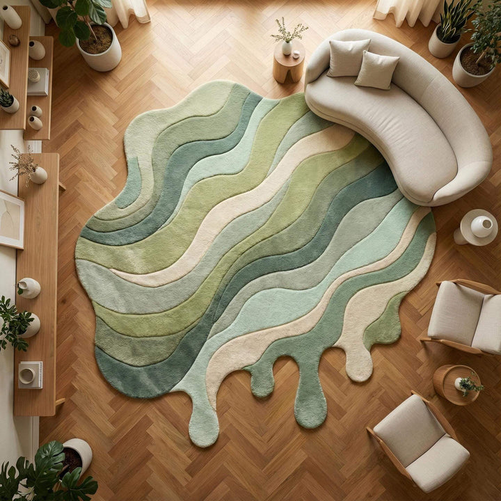 Translation missing: es.Hand tufted melting abstract rug with green wavy layers and sculptural texture for modern interiors