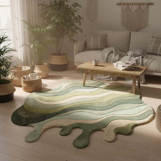 Translation missing: es.Abstract irregular shaped area rug with melting form and layered texture in sage and beige, contemporary living room rug