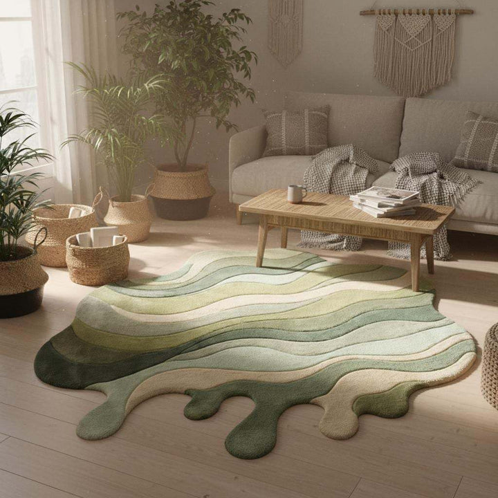 Translation missing: es.Abstract irregular shaped area rug with melting form and layered texture in sage and beige, contemporary living room rug
