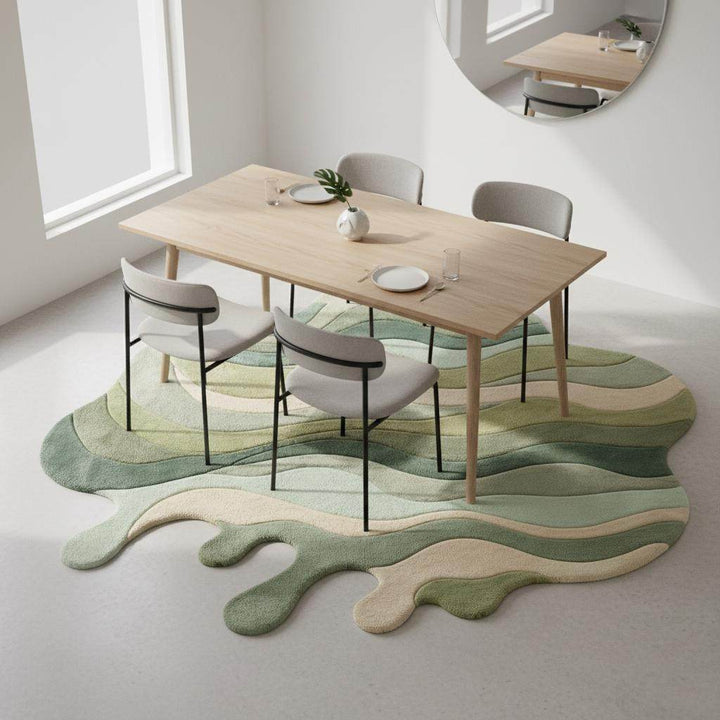 Translation missing: es.Designer irregular shaped rug with wavy sculptural pattern, modern abstract green melting rug for luxury interiors