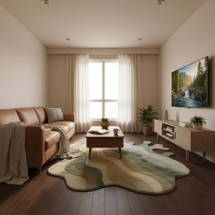 Translation missing: es.Organic irregular shaped rug inspired by nature, sculptural melting green area rug with soft carved pile