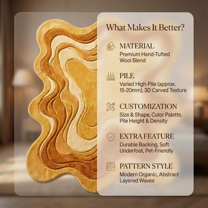 Translation missing: es.Melting Area Rug Irregular Shape Sculpted Wool Rug, Mid Century Modern Abstract Carpet, Organic Wavy High Pile Statement Rug