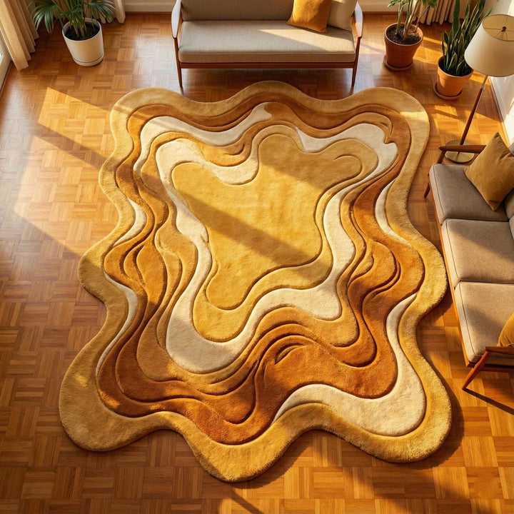 Translation missing: es.Melting area rug with irregular shape and high-pile sculpted wool in warm mustard and caramel tones