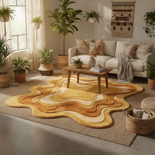 Translation missing: es.Sculpted wool style area rug with freeform melting shape in warm yellow and caramel colors, designer floor rug