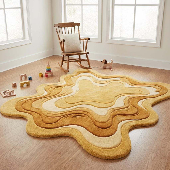 Translation missing: es.Modern irregular area rug featuring flowing abstract layers, cozy high pile texture, contemporary home decor