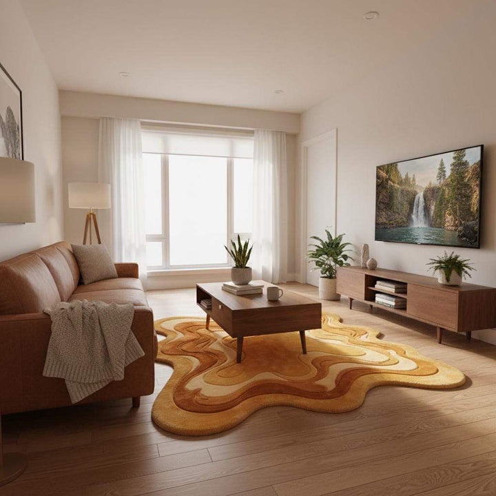 Translation missing: es.Melting Area Rug Irregular Shape Sculpted Wool Rug, Mid Century Modern Abstract Carpet, Organic Wavy High Pile Statement Rug