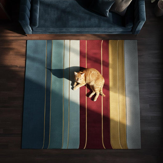 Translation missing: es.Hand-woven metallic gold stripe rug with jewel tone vertical stripes in sapphire, burgundy, teal, and mustard, 9x12 area rug for luxury living room decor
