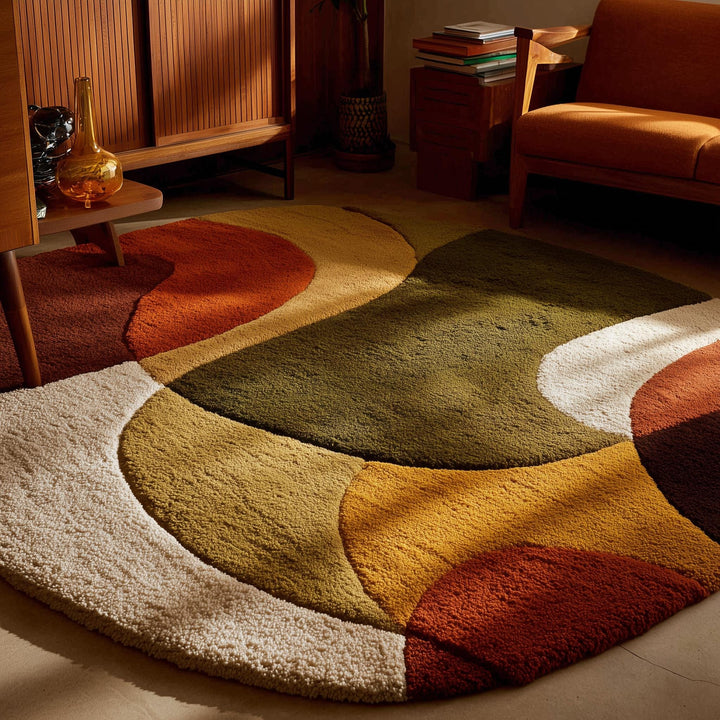 Translation missing: es.Mid century area rug with thick pile, plush retro modern design in warm terracotta and olive tones for living room comfort