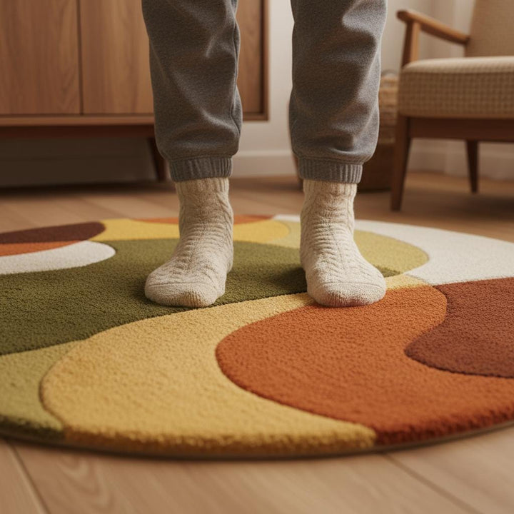 Translation missing: es.Mid century area rug with thick pile, retro arc pattern, and warm terracotta, olive, mustard tones for plush living room decor
