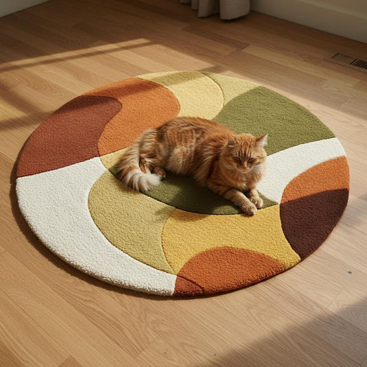 Translation missing: es.Mid century area rug with thick pile, plush retro modern design, and warm terracotta, olive, mustard tones