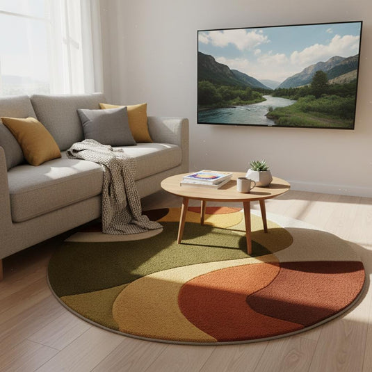 Translation missing: es.Mid Century area rug with thick pile, plush texture, and retro modern arc design in warm terracotta, mustard, olive, cream, and brown tones
