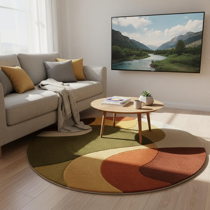 Translation missing: es.Mid Century area rug with thick pile, plush texture, and retro modern arc design in warm terracotta, mustard, olive, cream, and brown tones