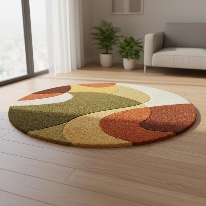 Translation missing: es.Mid Century Area Rug plush thick pile carpet with retro arc geometric pattern in warm terracotta and olive tones
