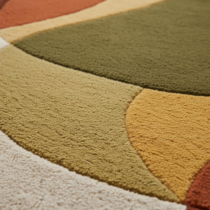 Translation missing: es.Mid century area rug with thick plush pile and retro modern arc pattern in warm terracotta and olive tones