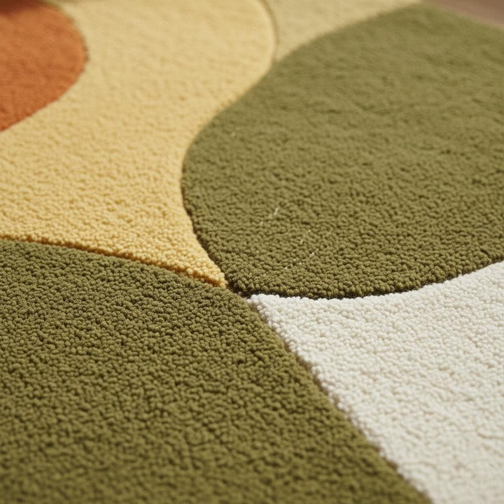 Translation missing: es.Mid century area rug with thick pile, plush texture, retro modern arc design, and warm terracotta, olive, mustard tones for living rooms