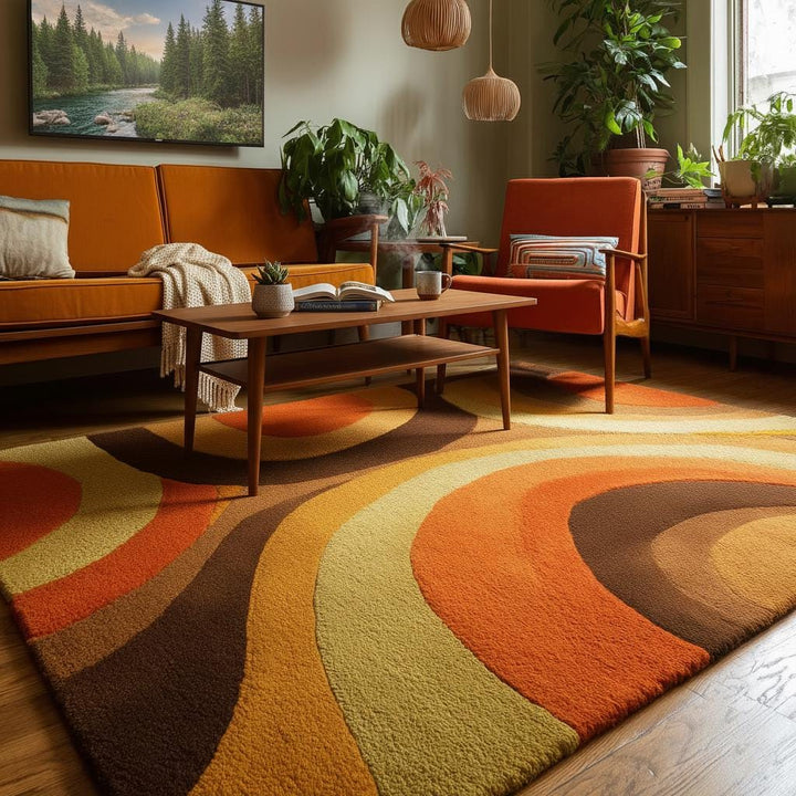 Translation missing: en.Mid Century Area Rug with plush pile, bold arc pattern, and warm earthy tones in terracotta, mustard, olive, cream, and brown