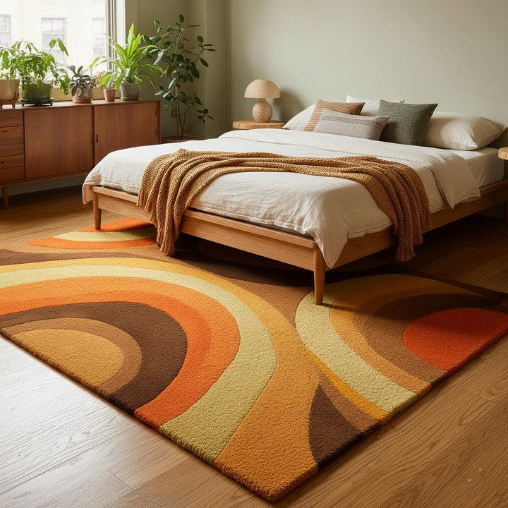 Translation missing: en.Mid century area rug with bold arc pattern in warm earthy tones and plush pile carpet