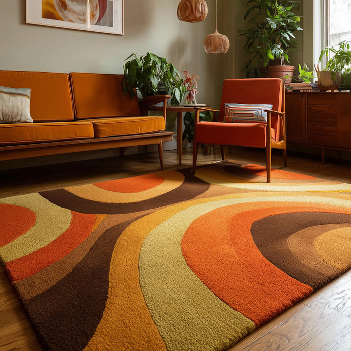 Translation missing: en.Mid Century Area Rug with plush pile and bold arc pattern in warm earthy tones