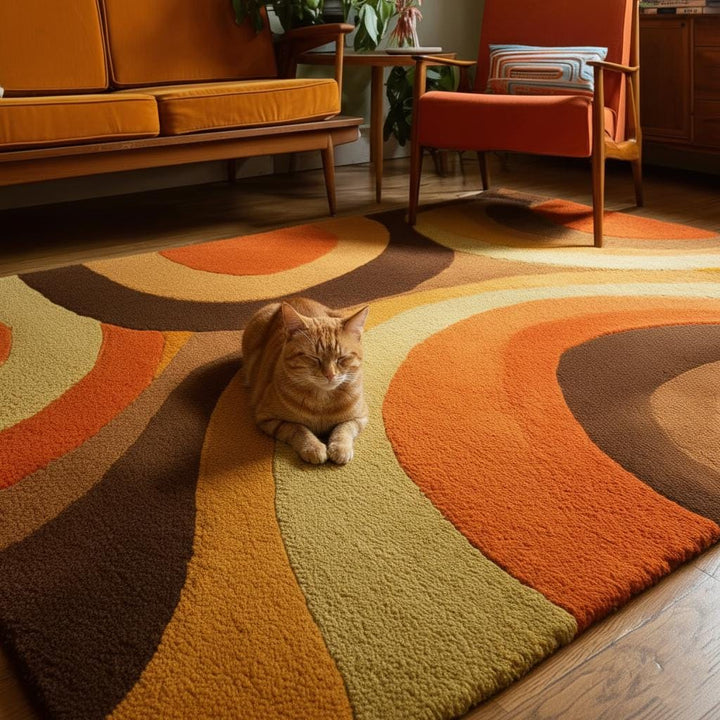 Translation missing: en.Mid Century Area Rug with plush pile and bold geometric arc pattern in warm earthy tones