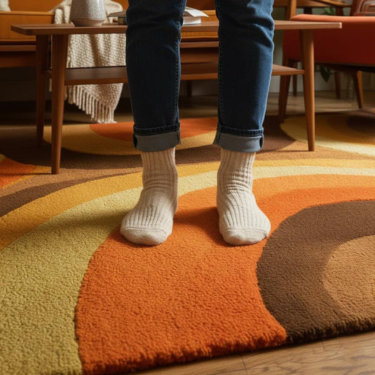 Translation missing: es.Mid century area rug with plush pile and bold arc pattern in warm earthy tones