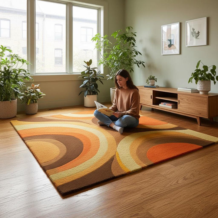 Translation missing: en.Mid Century Area Rug with plush pile, bold arc pattern, and warm earthy tones in terracotta, mustard, olive, cream, and brown