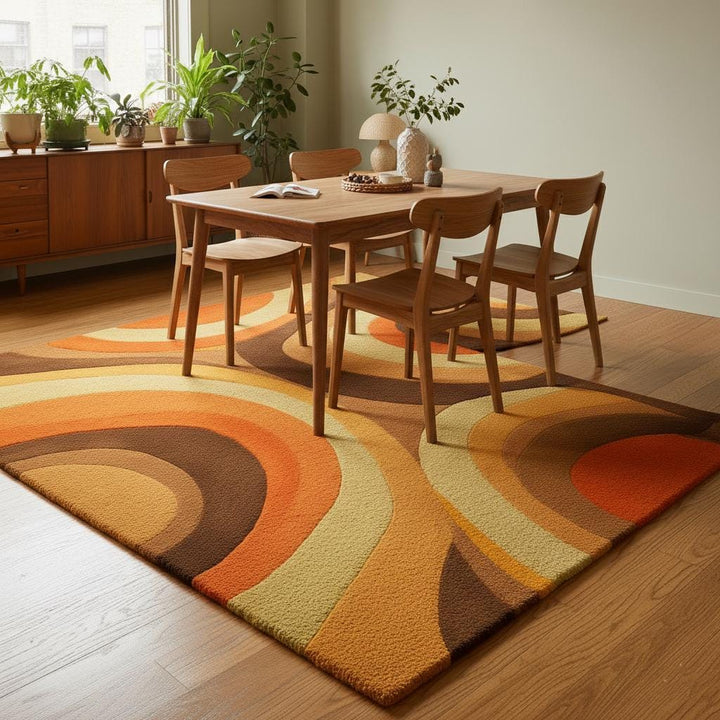 Translation missing: en.Mid Century area rug with bold arc pattern in warm earthy tones and plush thick pile carpet for cozy retro living room decor