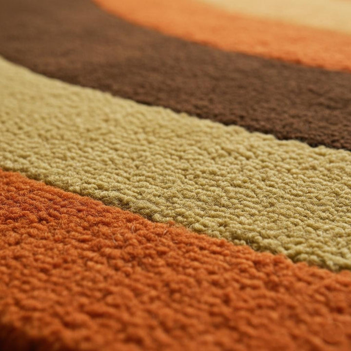 Translation missing: en.Mid Century Area Rug with plush pile, bold arc pattern, and warm earthy tones in terracotta, mustard, olive, cream, and brown
