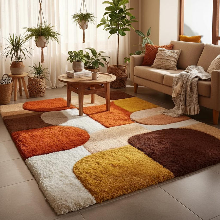 Translation missing: en.Mid century area rug with plush thick pile and geometric retro pattern in warm burnt orange, mustard yellow, and cream tones
