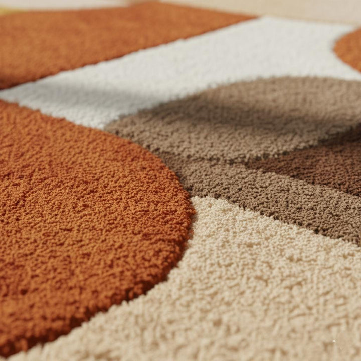 Translation missing: en.Mid century area rug with plush thick pile and geometric retro pattern in burnt orange, mustard yellow, and cream tones