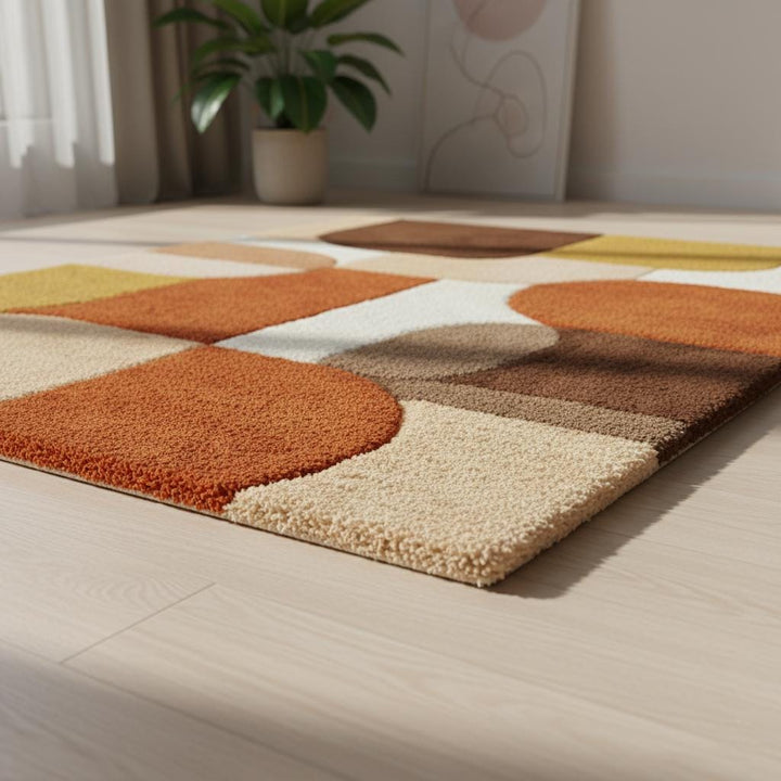 Translation missing: en.Mid century area rug with plush thick pile, geometric retro pattern in burnt orange, mustard yellow, and cream tones